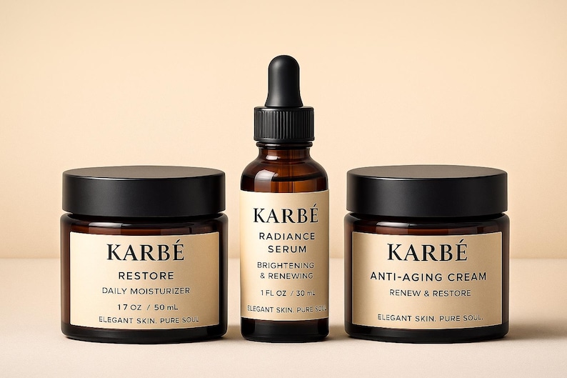 May include: Three skincare products from the brand Karb&eacute;. The set includes a daily moisturizer, radiance serum, and anti-aging cream. The products are in dark amber glass jars and bottles with black lids and droppers. Each product has a label with the brand name and product details.