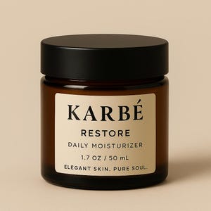 May include: A brown glass jar with a black lid, labeled "KARB&Eacute; RESTORE DAILY MOISTURIZER." The label also indicates 1.7 OZ / 50 mL and the tagline "ELEGANT SKIN. PURE SOUL."