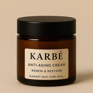 May include: A brown glass jar with a black lid, labeled "KARB&Eacute; ANTI-AGING CREAM RENEW & RESTORE ELEGANT SKIN. PURE SOUL." The jar is filled with a cream product, and the label is a light beige color.