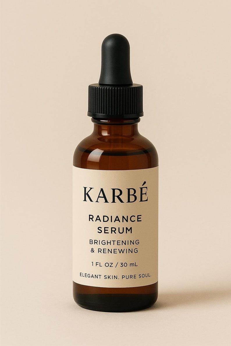 May include: A brown glass bottle of Karb&eacute; Radiance Serum with a black dropper. The label reads "RADIANCE SERUM, BRIGHTENING & RENEWING, 1 FL OZ / 30 mL, ELEGANT SKIN. PURE SOUL."