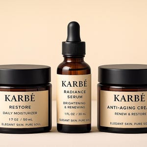 K&ouml;nnte beinhalten: Drei Hautpflegeprodukte von Karb&eacute;: eine t&auml;gliche Feuchtigkeitspflege, ein Radiance Serum und eine Anti-Aging-Creme. Die Produkte befinden sich in dunklen Braunglasgl&auml;sern und -flaschen mit schwarzen Deckeln und Tropfern. Jedes Produkt hat ein Etikett.