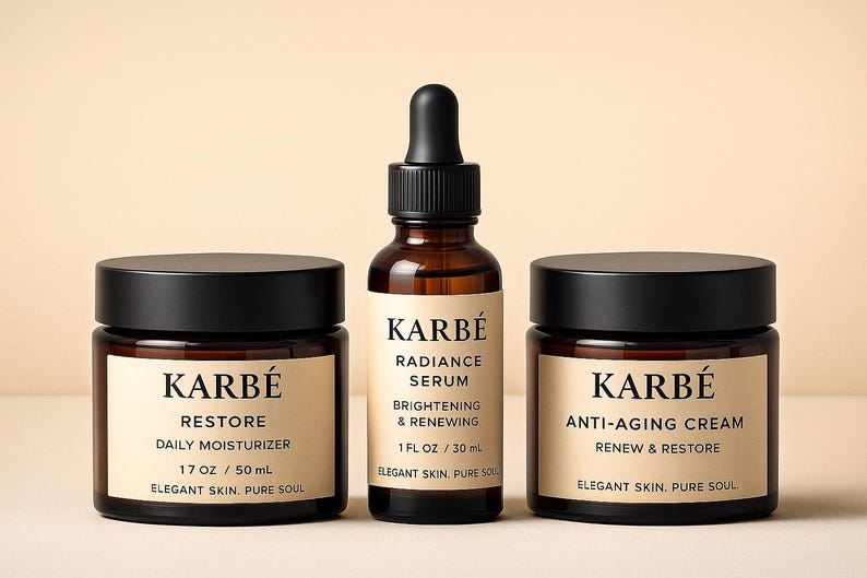 K&ouml;nnte beinhalten: Drei Hautpflegeprodukte von Karb&eacute;: eine t&auml;gliche Feuchtigkeitspflege, ein Radiance Serum und eine Anti-Aging-Creme. Die Produkte befinden sich in dunklen Braunglasgl&auml;sern und -flaschen mit schwarzen Deckeln und Tropfern. Jedes Produkt hat ein Etikett.