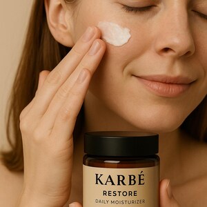 May include: A person applying white cream to their cheek. A brown jar with a black lid is in the foreground. The jar has a label that reads "KARB&Eacute; RESTORE DAILY MOISTURIZER 1.7 OZ / 50 mL. ELEGANT SKIN. PURE SOUL."