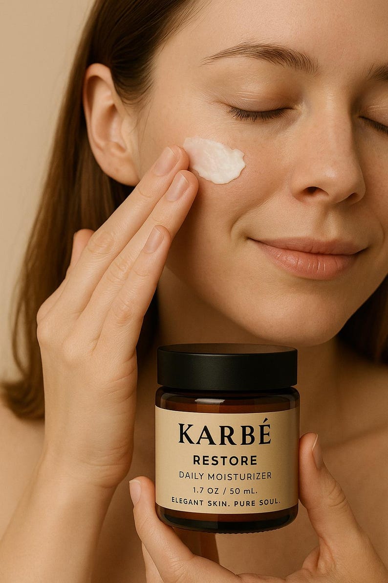 May include: A person applying white cream to their cheek. A brown jar with a black lid is in the foreground. The jar has a label that reads "KARB&Eacute; RESTORE DAILY MOISTURIZER 1.7 OZ / 50 mL. ELEGANT SKIN. PURE SOUL."