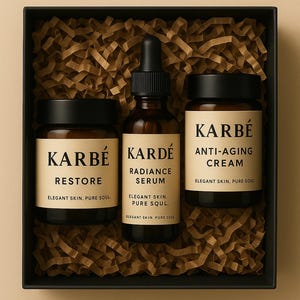 May include: A skincare gift set in a black box with shredded paper filler. The set includes three dark glass bottles and jars with black lids. The labels read "KARB&Eacute;" and list the products as "RESTORE", "RADIANCE SERUM", and "ANTI-AGING CREAM".