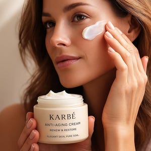 May include: A woman applying anti-aging cream from a jar labeled "KARB&Eacute;". The cream is white and the jar is beige. The text on the jar reads "ANTI-AGING CREAM, RENEW & RESTORE, ELEGANT SKIN, PURE SOUL."
