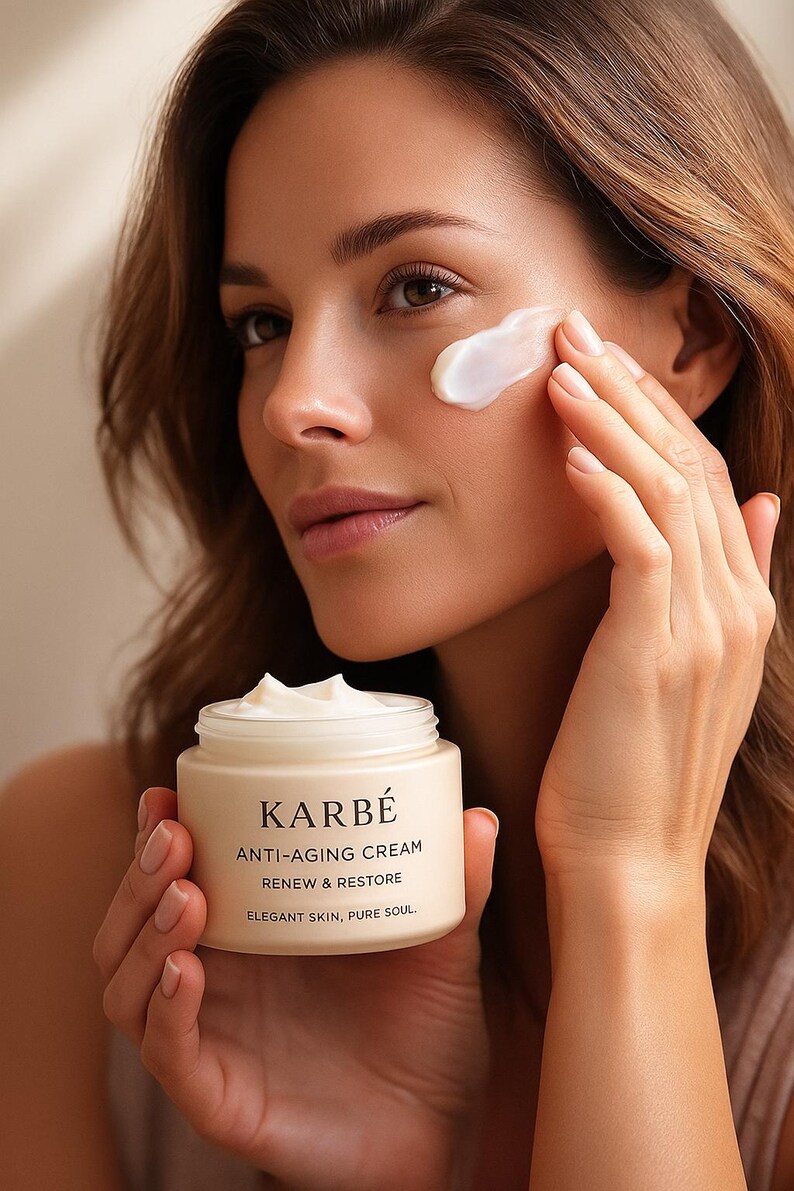 May include: A woman applying anti-aging cream from a jar labeled "KARB&Eacute;". The cream is white and the jar is beige. The text on the jar reads "ANTI-AGING CREAM, RENEW & RESTORE, ELEGANT SKIN, PURE SOUL."