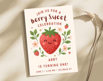1st birthday invitation, strawberry birthday invitation, strawberry invite, girl birthday