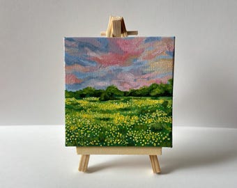 Miniature Oil Painting with Sunset and Flower field 4x4 inches
