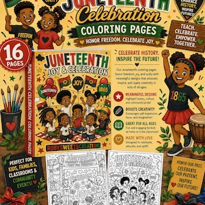 Peut inclure: Un livre de coloriage Juneteenth Celebration avec 16 pages. La couverture présente des illustrations d'enfants, de drapeaux et de ballons. Le texte comprend "Liberté", "Joie" et "Célébrer". Conçu pour les enfants, les familles, les classes et les événements communautaires.