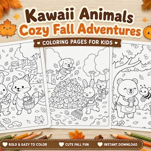 Puede incluir: Tres páginas para colorear en blanco y negro para niños tituladas Kawaii Animals Cozy Fall Adventures. Las páginas presentan dibujos lineales de animales como conejos, un zorro, un cachorro y un oso en entornos otoñales. Incluye 40 páginas.