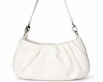 White Puffy Shoulder Bag, Mini Hobo Bag, Soft Faux Leather Handbag, Minimalist Everyday Purse