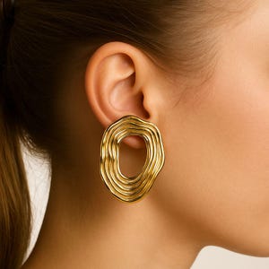 Vintage Statement Earrings, Abstract Sculptural Stud Chunky Minimalist Gold color Modern Geometric Jewelry Gift