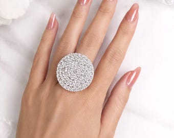 Large Silver Statement Ring with Sparkling Rhinestones, Adjustable Cocktail Ring