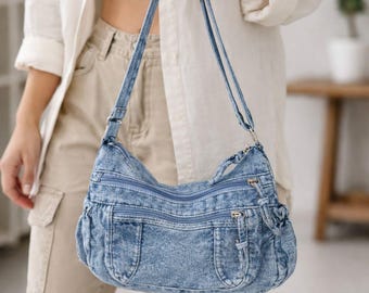 Y2K Denim Shoulder Bag Blue Jean Hobo Handbag Women Casual Crossbody Purse Zipper Vintage