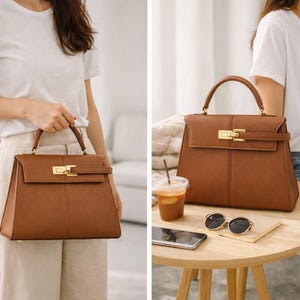 May include: A brown leather handbag with a top handle and a gold-colored clasp. The bag is rectangular with a structured design. The image shows the bag in two different settings.