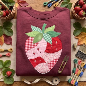 Könnte beinhalten: Ein bordeauxrotes Sweatshirt mit Rundhalsausschnitt und einer großen, zentralen erdbeerförmigen Applikation aus verschiedenen Stoffstücken mit Vichy-Karo, Blumenmustern und unifarbenen Stoffen, verziert mit kleinen gestickten Erdbeeren und Herzen.