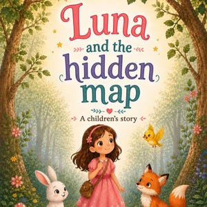 Puede incluir: Una portada de libro titulada Luna and the hidden map por Melisa Rabenstein. La ilustración muestra a una niña con vestido rosa y botas marrones, un conejo blanco, un zorro y un pájaro amarillo en un bosque con árboles, flores y setas.