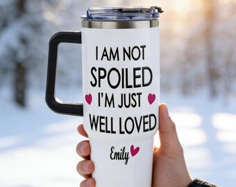 Gobelet personnalisé pour voiture 40 oz avec anse, cadeau Saint-Valentin pour elle, nom personnalisé, tasse de voyage, cadeau pour femme, petite amie, compatible avec un porte-gobelet, expédié aux États-Unis