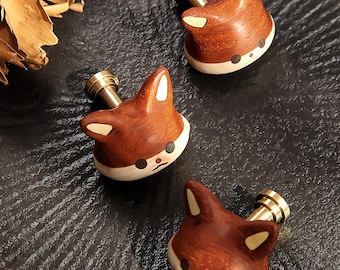 Joli bouton de meuble en bois avec renard, poignée de tiroir en laiton massif et bois, poignée de meuble de chambre d'enfant, matériel de cuisine rétro kawaii, bouton de garde-robe animal