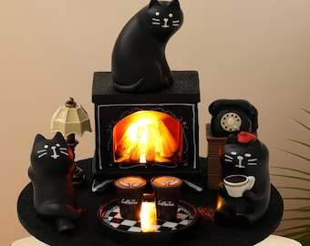 Mignon chat noir cheminée veilleuse lampe de table miniature résine Diorama chat maman cadeau sombre salle universitaire chat décoration de bureau livre coin lumière