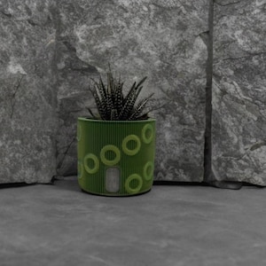 Puede incluir: Una maceta cilíndrica verde con un diseño geométrico de círculos y líneas verticales, que contiene una planta suculenta. La maceta está colocada contra un fondo de piedra gris texturizada.