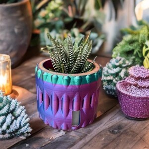 Puede incluir: Una pequeña planta suculenta en una maceta colorida y estampada. La maceta es una gradación de azul, morado y verde. Otros elementos decorativos incluyen una vela en un portavelas de vidrio y un pequeño árbol decorativo texturizado verde y blanco.