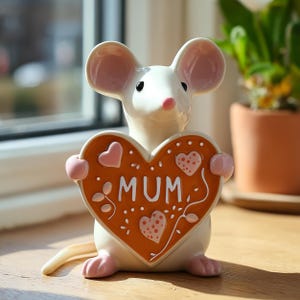 Puede incluir: Figura de ratón de cerámica blanca con un letrero en forma de corazón que dice "MUM". El corazón es naranja con corazones rosas y detalles florales. El ratón tiene orejas, nariz y pies rosas. Un objeto decorativo.