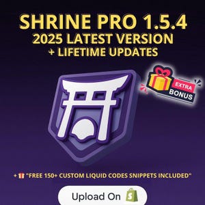 Puede incluir: Un gráfico púrpura con el texto "SHRINE PRO 1.5.4 2025 LATEST VERSION + LIFETIME UPDATES". Incluye un logotipo blanco y púrpura, una caja de regalo con el texto "EXTRA BONUS" y el texto "FREE 150+ CUSTOM LIQUID CODES SNIPPETS INCLUDED".