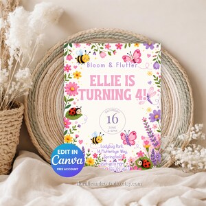 Könnte beinhalten: Eine rechteckige Geburtstagseinladungskarte mit cremefarbenem Hintergrund und bunten Illustrationen von Marienkäfern, Bienen, Schmetterlingen und Blumen. Der Text lautet: Bloom & Flutter, Ellie is turning 4!, Saturday 16 June 2-4pm, Ladybug Park, 14 Flutterbye Way, Springfield, RSVP with Mom 555-123-4567.