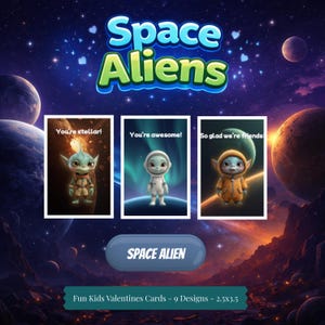 Könnte beinhalten: Drei Valentinstagskarten mit Cartoon-Weltraum-Aliens vor einem kosmischen Hintergrund. Jede Karte zeigt ein anderes Alien-Design und eine Botschaft: "You're stellar!", "You're awesome!", und "So glad we're friends". Die Karten sind 6,35 cm x 8,89 cm groß.