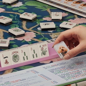 May include: A Mahjong set with white tiles featuring red and green symbols, and a pink tray. A tile with a dog's portrait is held in the hand. The game is set on a floral patterned surface.
