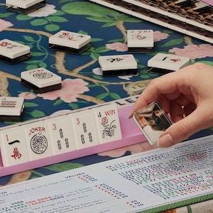 May include: A close-up of a Mahjong set with white tiles featuring black symbols and characters. The set includes a pink tray, and a tile with a cat image is being held. The background has a floral pattern.