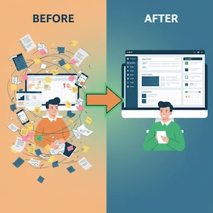 May include: An illustration showing the concept of digital organization. The left side depicts a cluttered workspace with papers and devices, labeled "BEFORE." The right side shows a clean digital interface, labeled "AFTER." The text at the bottom reads "THE POWER OF DIGITAL ORGANIZATION."