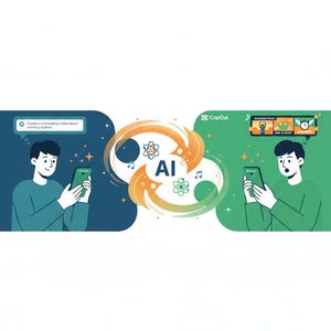以下が含まれることがあります： スマートフォンを使用する2人の人物を描いたイラスト。AIのシンボルと矢印でつながっています。左側にはテキスト付きの検索バーが表示され、右側にはビデオ編集ツールが表示されています。配色は青、緑、オレンジです。