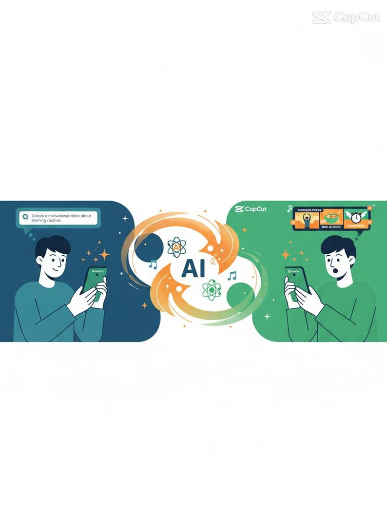 以下が含まれることがあります： スマートフォンを使用する2人の人物を描いたイラスト。AIのシンボルと矢印でつながっています。左側にはテキスト付きの検索バーが表示され、右側にはビデオ編集ツールが表示されています。配色は青、緑、オレンジです。