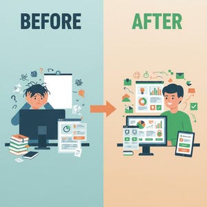 Peut inclure: Illustration d'un concept avant-après. Le côté « Avant » montre une personne stressée avec un bureau et un ordinateur en désordre. Le côté « Après » montre une personne détendue avec des données organisées sur un ordinateur et une tablette.