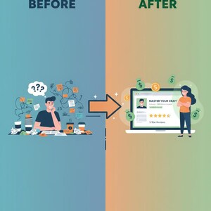 May include: An illustration showing a transition from a cluttered workspace to a successful online presence. The "BEFORE" side features a person with papers and coffee. The "AFTER" side shows a laptop displaying "MASTER YOUR CRAFT" and 5-star reviews.