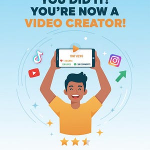以下が含まれることがあります： 動画クリエイターの成功を祝うイラスト。1000万回の再生、120万のいいね、5万件のコメントが表示された携帯電話を人が持っています。画像にはソーシャルメディアのアイコン、星、テキスト「YOU DID IT！YOU'RE NOW A VIDEO CREATOR！」が含まれています。