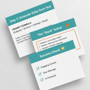 以下が含まれることがあります： 「CapCut AI Video Guide」と書かれたデジタルガイド。テキストからビデオを生成する方法を説明しています。ガイドにはプロンプトの数式と成功チェックが含まれています。デザインは白を基調とし、ターコイズとオレンジのアクセントが施されています。