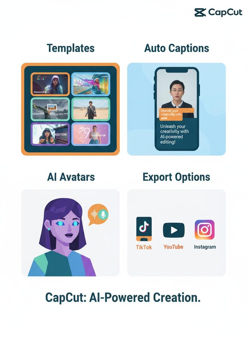 以下が含まれることがあります： CapCutの機能をまとめたグラフィック。テンプレート、自動キャプション、AIアバター、エクスポートオプションが示されています。画像には男性の顔写真、ソーシャルメディアのアイコン、そして「AIを活用した編集であなたの創造性を解き放ちましょう！」というテキストが含まれています。CapCutのロゴが上部にあります。