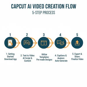 以下が含まれることがあります： CapCut AIビデオ作成フローを示すインフォグラフィック。5つのステップのプロセスです。ステップには、アプリのダウンロード、テキストからビデオへの変換、テンプレートの使用、キャプションとアバターの追加、ビデオのエクスポートが含まれます。