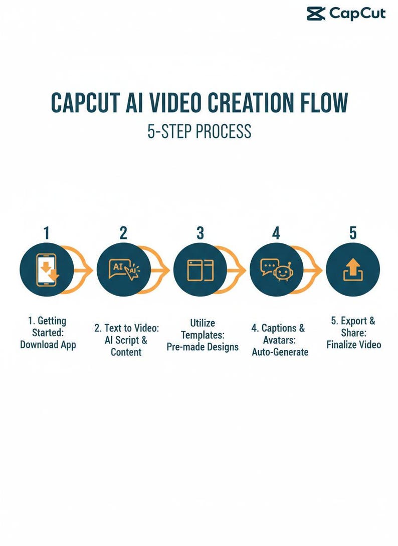 以下が含まれることがあります： CapCut AIビデオ作成フローを示すインフォグラフィック。5つのステップのプロセスです。ステップには、アプリのダウンロード、テキストからビデオへの変換、テンプレートの使用、キャプションとアバターの追加、ビデオのエクスポートが含まれます。