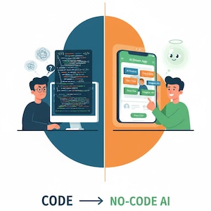 May include: An illustration showing the contrast between coding and no-code AI. One person struggles with code on a computer, while another uses a phone app. The text reads "CODE -> NO-CODE AI BUILD THE FUTURE."