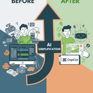 May include: An illustration comparing "Before" and "After" scenarios of AI simplification. The "Before" side shows a person surrounded by cameras and a computer, while the "After" side depicts a person using a phone with the CapCut logo. The text "AI SIMPLIFICATION" is in the center.