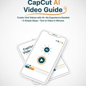 以下が含まれることがあります： 「CapCut AI Video Guide」のテキストと「AIでバイラル動画を作成」というキャッチコピーが書かれた2つの白いスマートフォン。電話の画面にはAIアイコンと再生ボタンが表示されています。背景は白です。