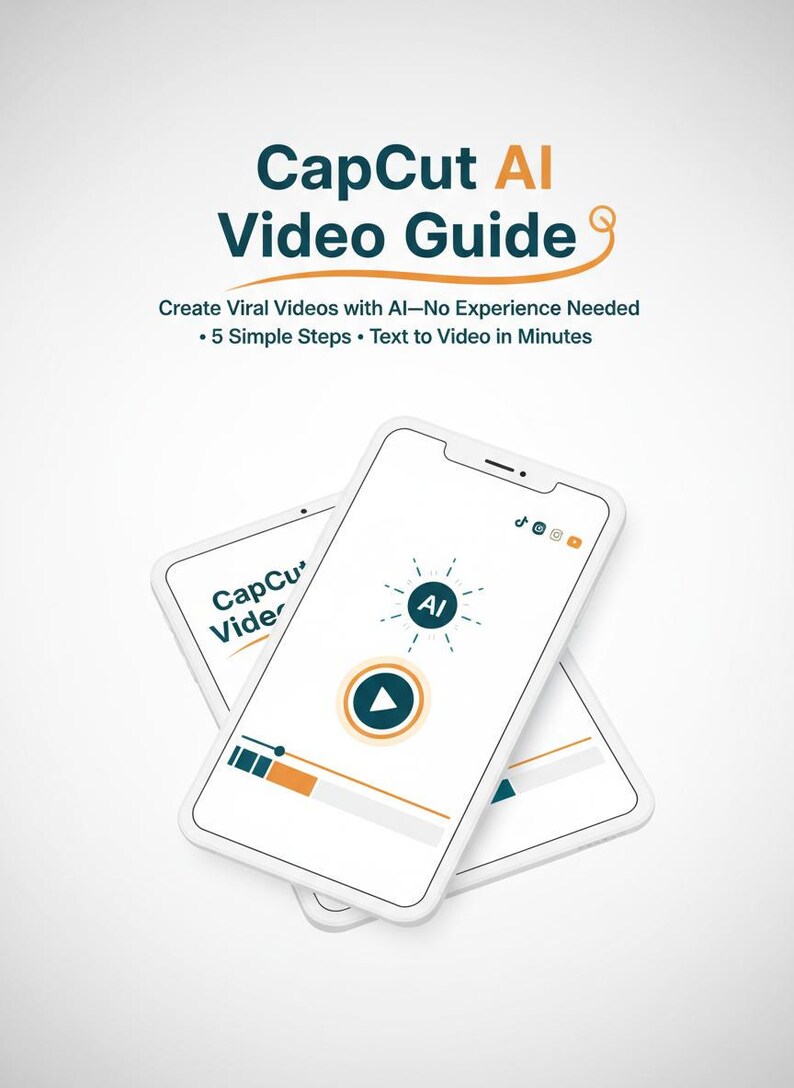 以下が含まれることがあります： 「CapCut AI Video Guide」のテキストと「AIでバイラル動画を作成」というキャッチコピーが書かれた2つの白いスマートフォン。電話の画面にはAIアイコンと再生ボタンが表示されています。背景は白です。