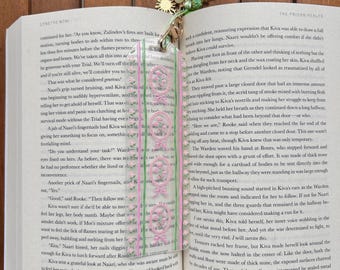 Floral Ribbon Acrylic Bookmark 6x2 | Personalized Clear Bookmark with Tassel & Charms | Soft Girl Reader Gift