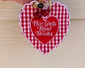 Embroidered Gingham Heart Bag Charm | Cherry, Initial, Book Lover Accessory