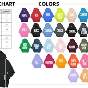 May include: A size chart and color options for hoodies are displayed. The chart shows sizes S to 5XL with width and length measurements in inches. Colors include purple, red, and black, among others. A black hoodie is shown with width and length indicators.